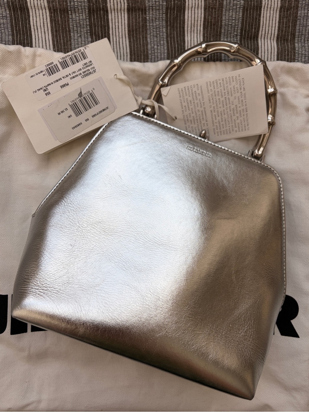 Jil Sander Metallic Silver Goji Square Bamboo Bag